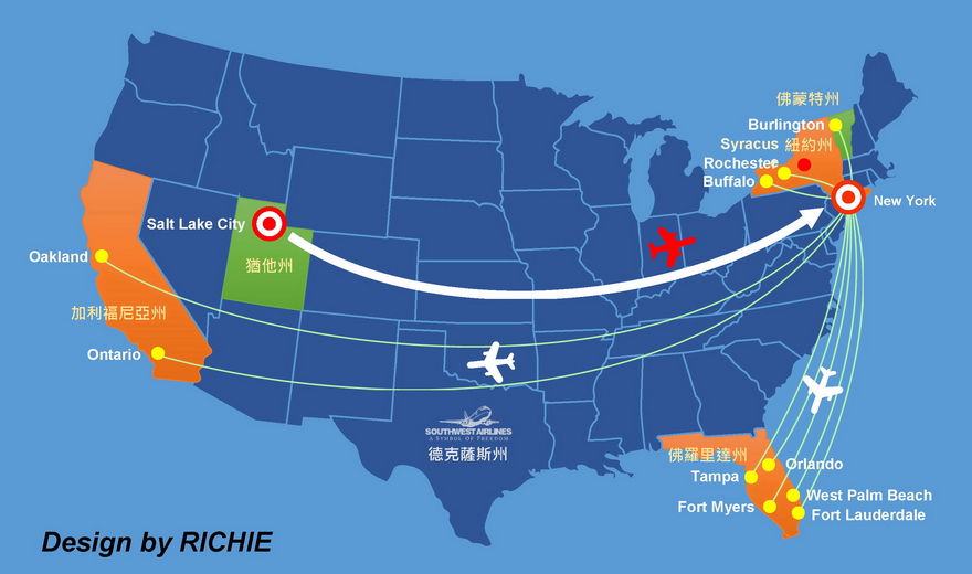 捷藍航空（JetBlue Airways）第一年（2000）提供的航線，本文作者繪製